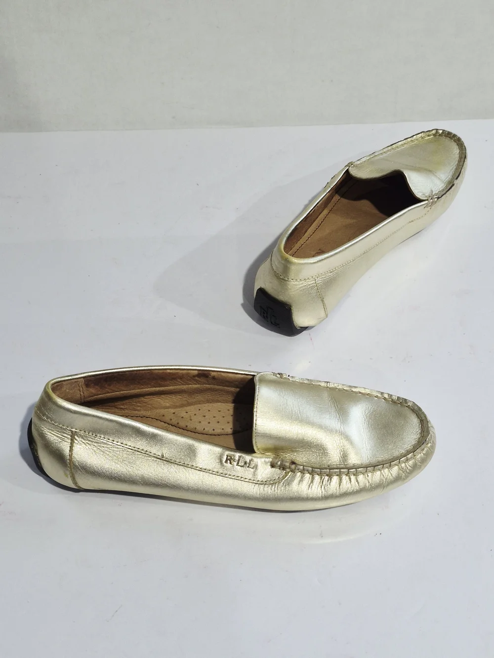 Metallic Gold Leather Driving Loafers for Women Size 6.5